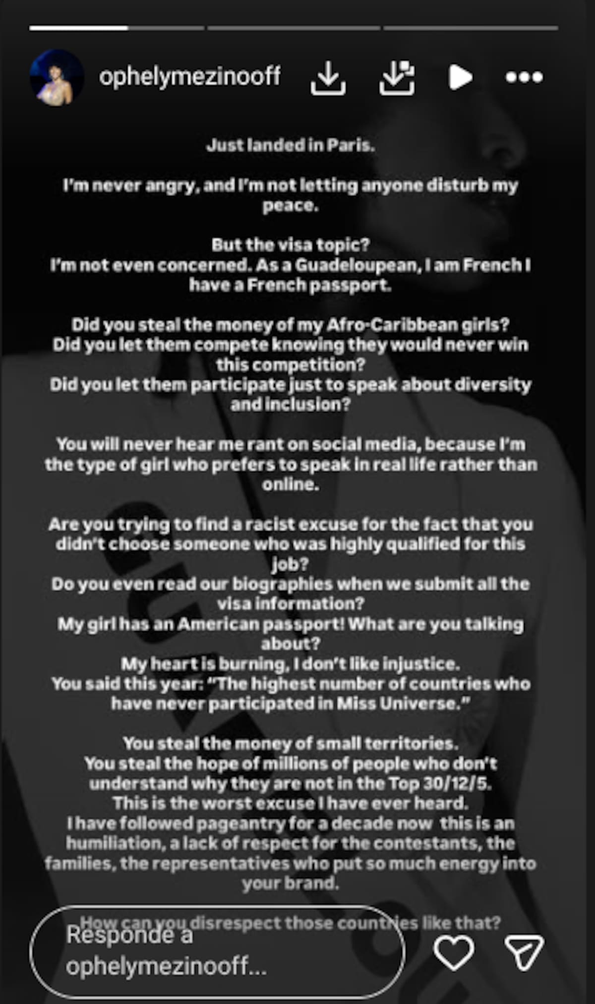 Miss Guadalupe acusa a Raúl Rocha de racismo | Instagram @ophelymezinooff