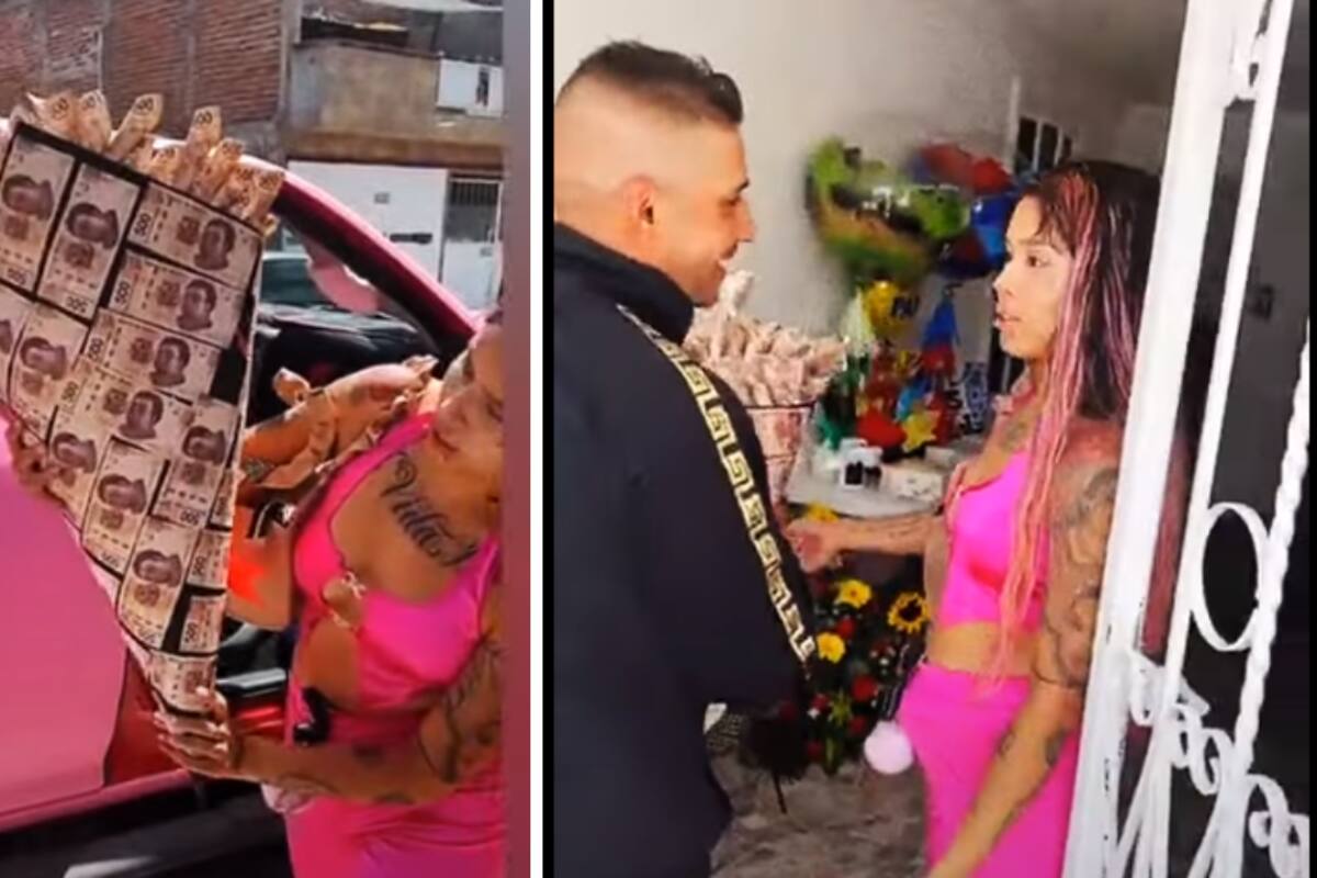 La influencer Mona le regaló un ramo de billetes de 50 mil pesos a su papá