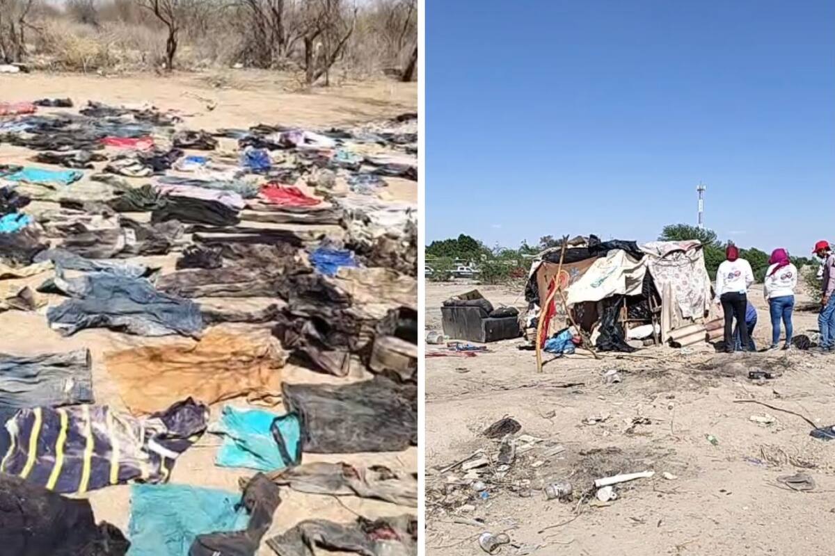 Integrantes del colectivo Madres Buscadoras de Sonora reportaron el hallazgo de 12 restos calcinados, fosas y un campamento abandonado con más de 200 prendas en el Poblado Miguel Alemán. Fotos: captura de video