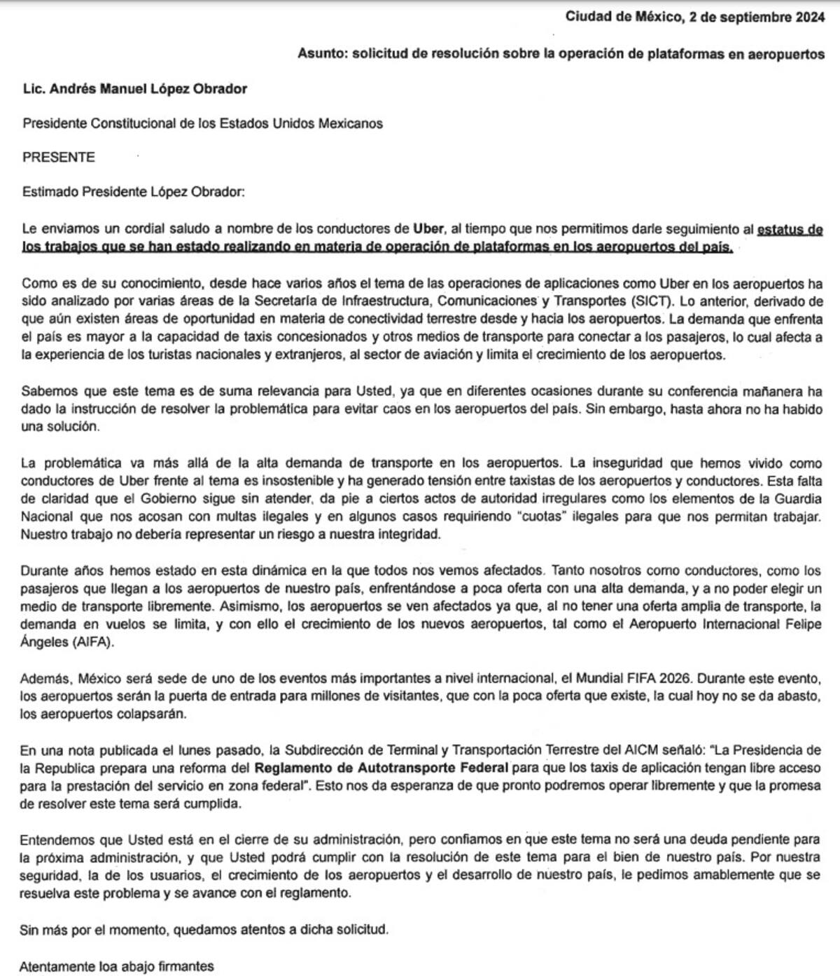 La carta enviada por conductores de plataformas a AMLO.