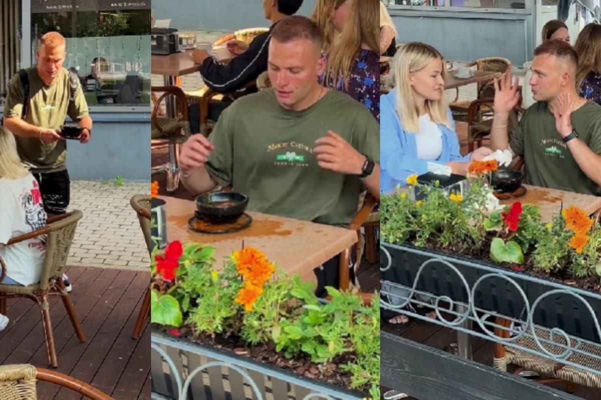 Una mujer en un restaurante se levanta para ayudar a un hombre con Parkinson a comer: mira cómo terminó