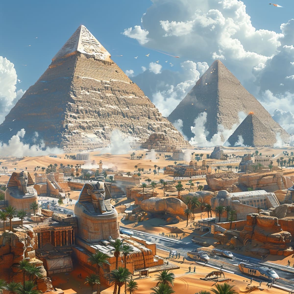 Un viaje visual al Egipto del 2500: calles llenas de movimiento, pirámides iluminadas y una síntesis arquitectónica entre la modernidad y la herencia egipcia.