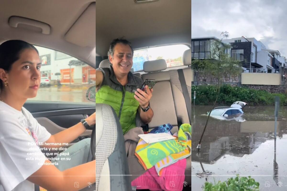 Hijas acuden al rescate de su padre después de que el auto de él quedara inundado por las lluvias en León, Guanajuato