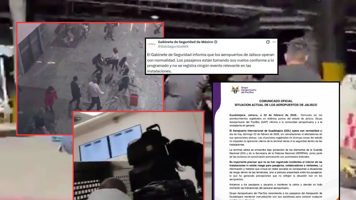 Aeropuerto de Guadalajara en caos tras pánico por detonaciones en carretera a Chapala; pasajeros corren a resguardarse mientras autoridades aseguran que no hubo ataques internos y que los vuelos siguen operando