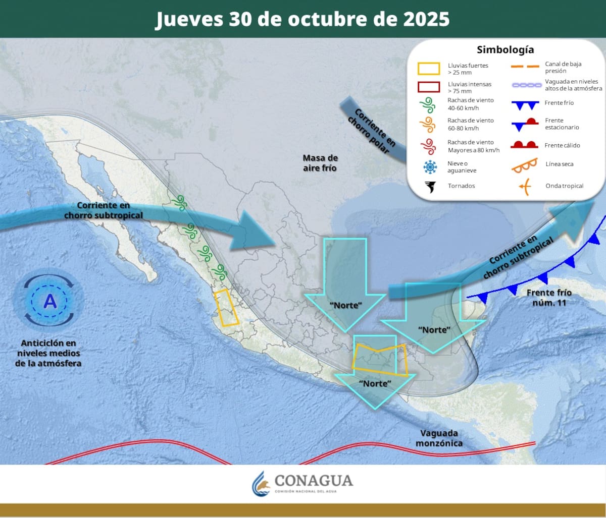 Pronóstico del clima para el miércoles 29 de octubre del 2025. | Crédito: SMN/Conagua