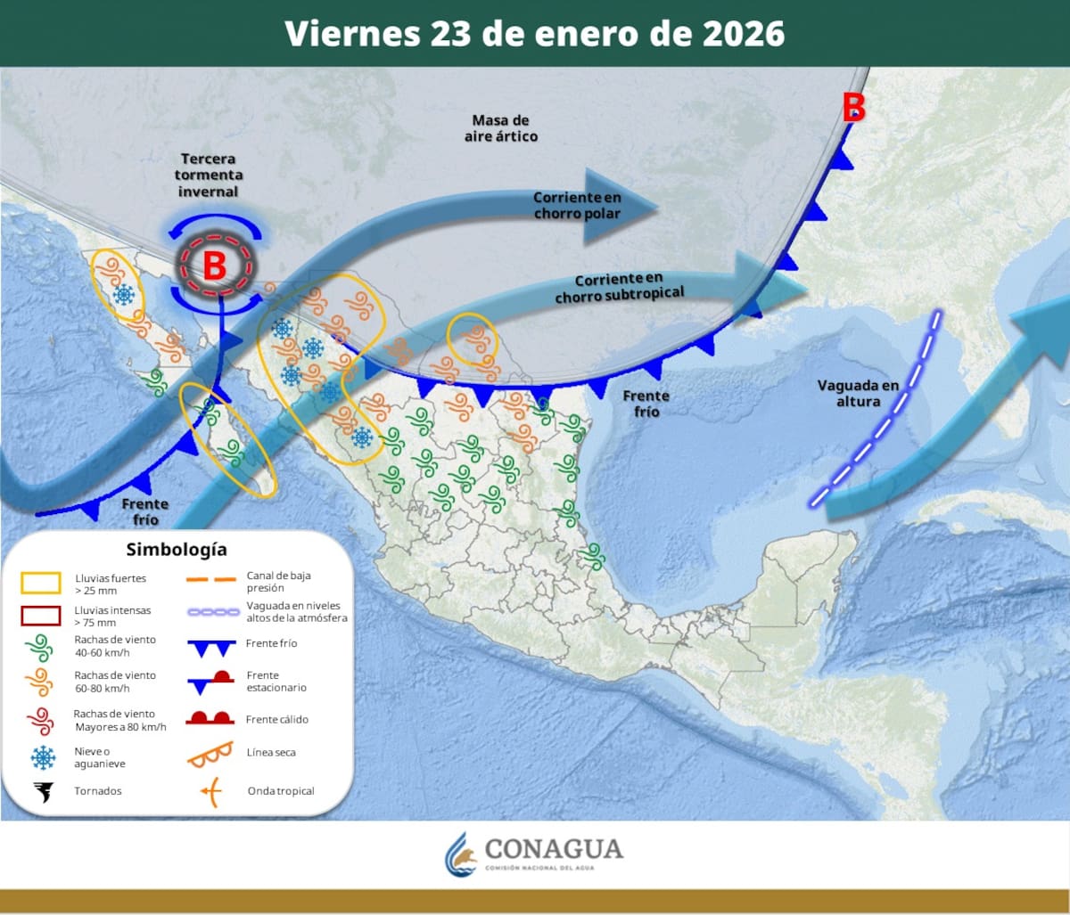 Pronóstico del clima para el viernes 23 de enero del 2026. | Crédito: SMN