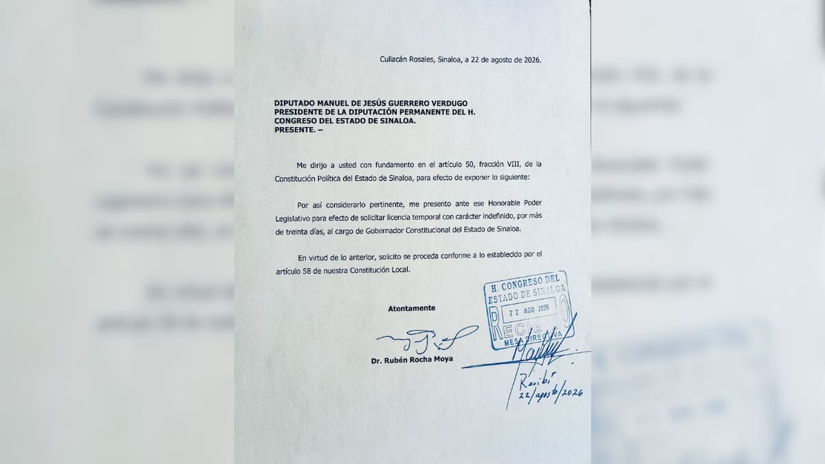 Rocha Moya compartió en redes sociales la solicitud de licencia por tiempo indefinido que envió al Congreso de Sinaloa. (@rochamoya_)