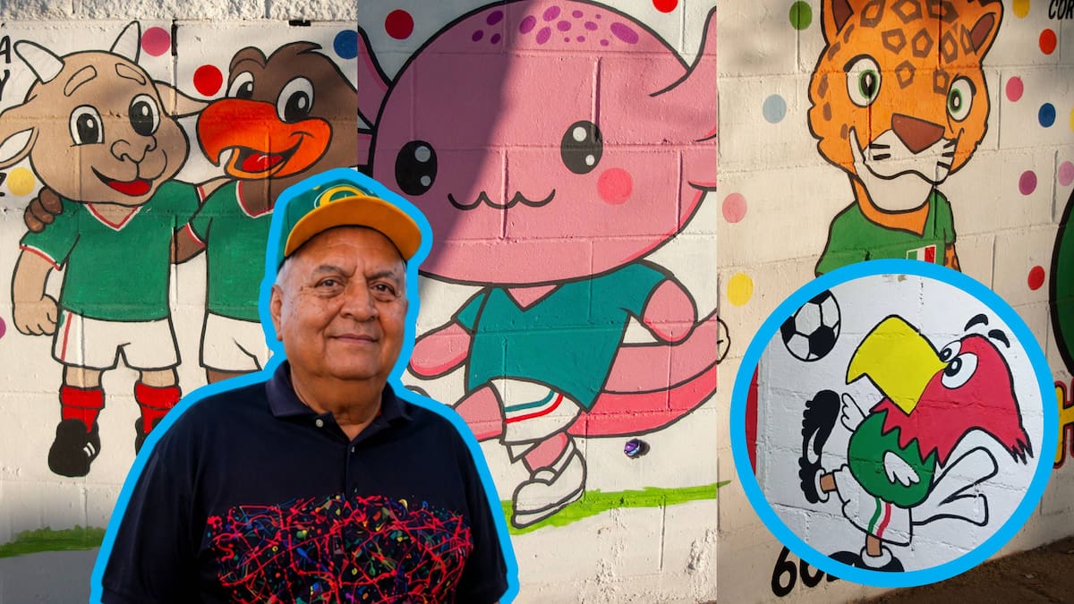 Hermosillo también se pinta mundialista: Pintor de la tercera edad rescata barda grafiteada y crea un mural en homenaje a las mascotas de Copas del Mundo