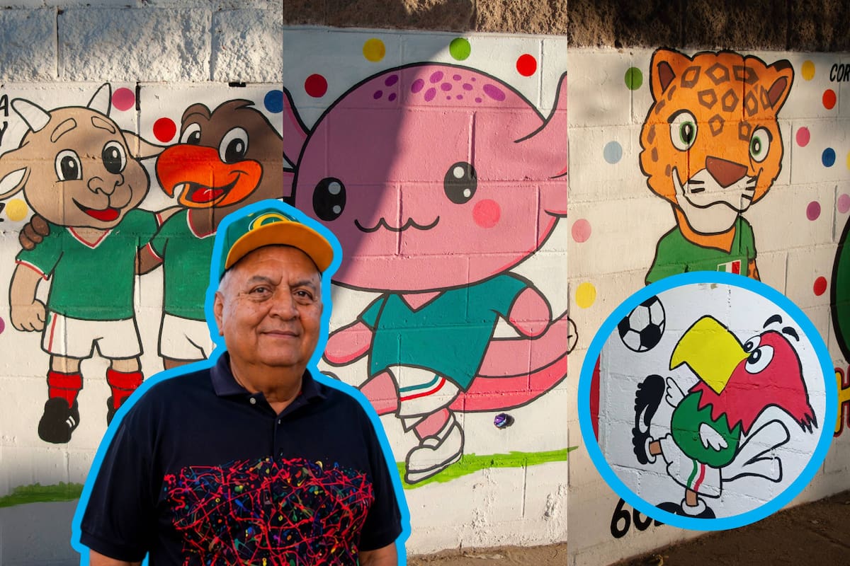 Hermosillo también se pinta mundialista: Pintor de la tercera edad rescata barda grafiteada y crea un mural en homenaje a las mascotas de Copas del Mundo