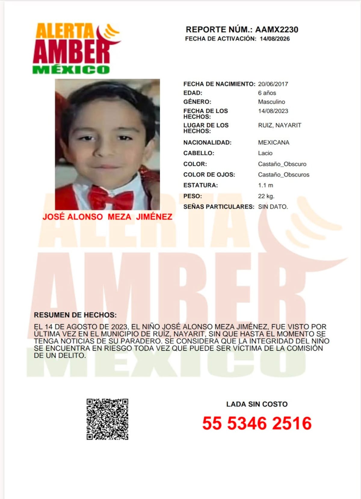 El menor fue visto por última vez el 14 de agosto de 2023 en el municipio de Ruiz, Nayarit.