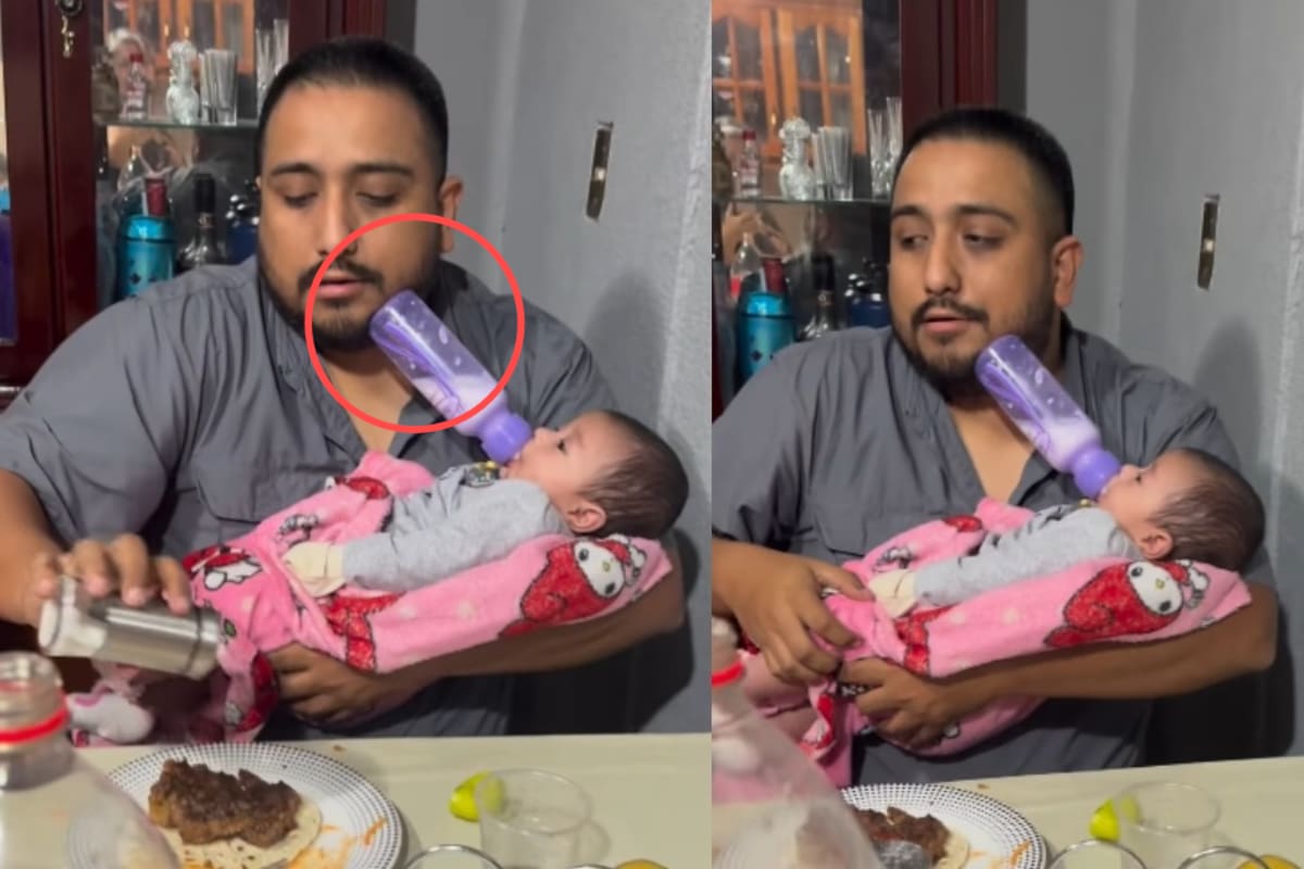 Hombre se gana el respeto de los cibernautas por comer y dar el biberón al mismo tiempo de una forma ingeniosa