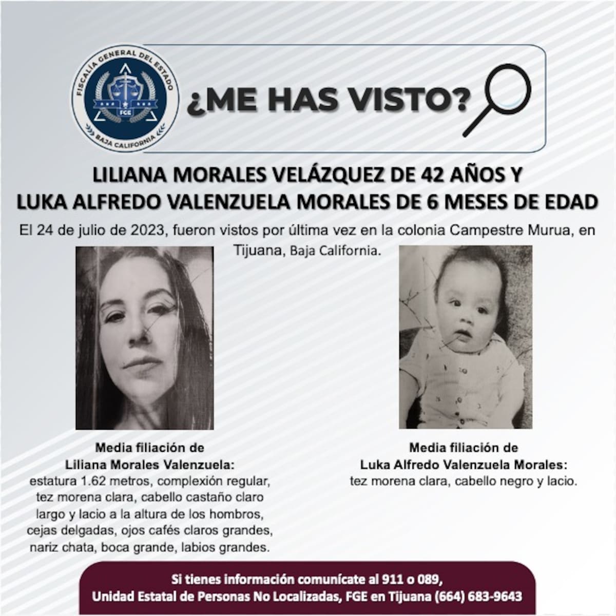 Liliana Morales Velázquez y Luka Alfredo fueron visto por última vez el 24 de julio del 2023.