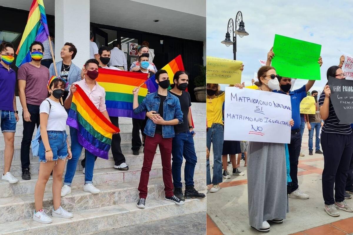Grupos a favor y en contra del matrimonio igualitario se manifiestan en el Congreso de Sonora