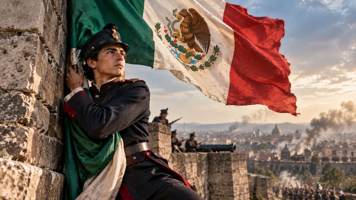 Representación ilustrativa de Juan Escutia durante la defensa del Castillo de Chapultepec el 13 de septiembre de 1847. La escena retoma la versión tradicional que lo muestra junto a la bandera mexicana durante la Gesta Heroica de los Niños Héroes. | Crédito: Imagen hecha con IA de ChatGPT