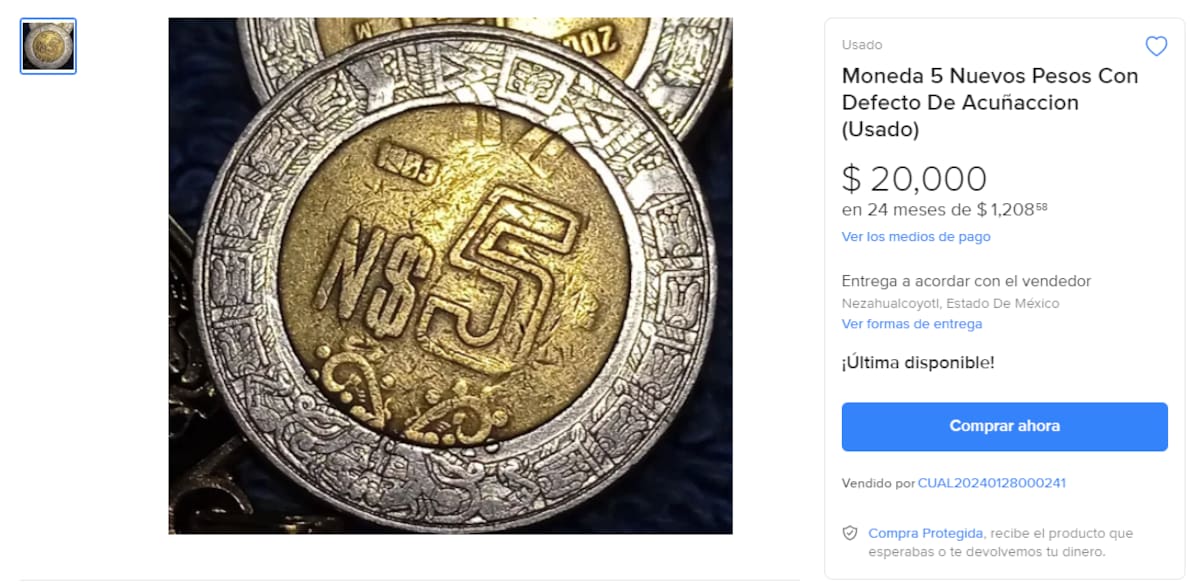 La moneda de 5 pesos , según el vendedor, alcanza un precio tan elevado, debido a un defecto en el año de acuñación
