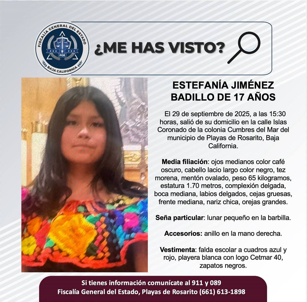 Fue vista por última vez el 29 de septiembre de 2025.