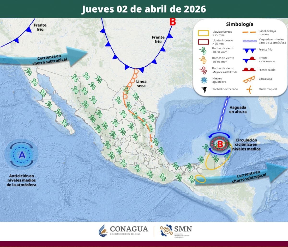 Pronóstico del clima para el jueves 2 de abril del 2026. | Crédito: SMN