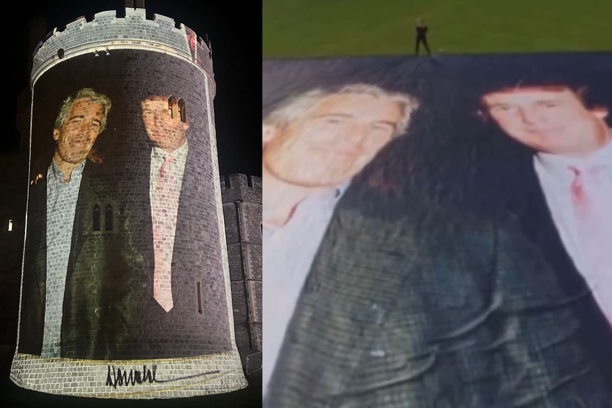 Protestas en Reino Unido por visita de Trump: proyectan foto del mandatario posando junto a Epstein y despliegan manta gigante