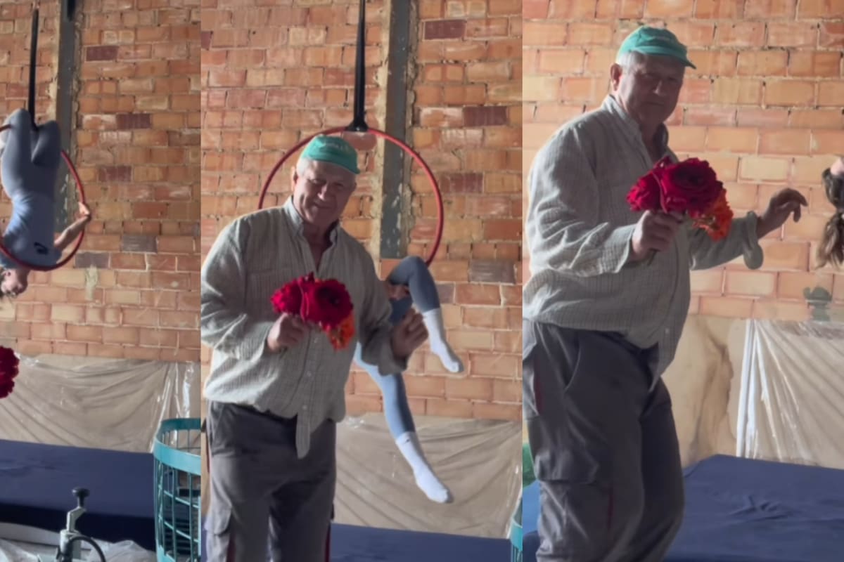 ‘Quítate, estorbas al verdadero artista’: trapecista intentaba grabar un tutorial, pero su papá se roba el show con flores y baile
