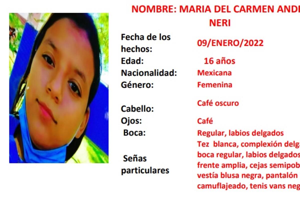 Activan Alerta Amber para localizar a María del Carmen Andrade Neri