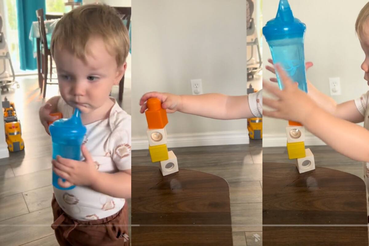 Bebé sorprende en redes sociales con su gran habilidad de equilibrar esta serie de objetos en una torre