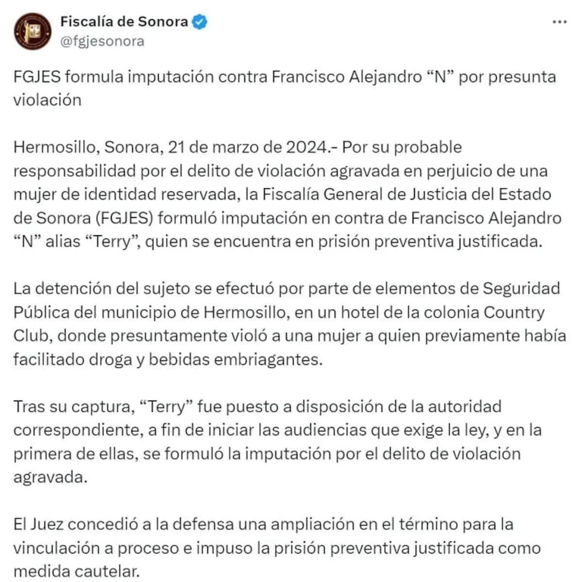 FGJE imputó a 'El Terry' por presunta violación.