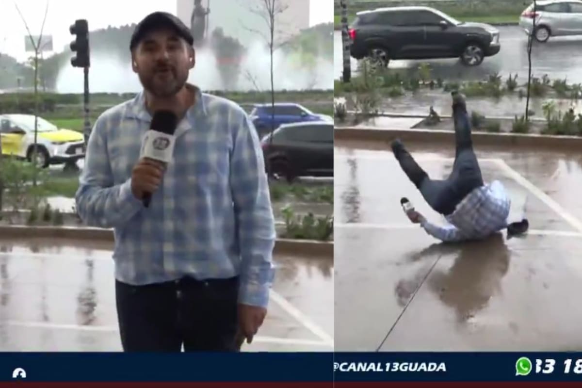 Reportero advierte sobre el peligro de las lluvias y termina resbalando en plena transmisión en vivo, así fue su caída