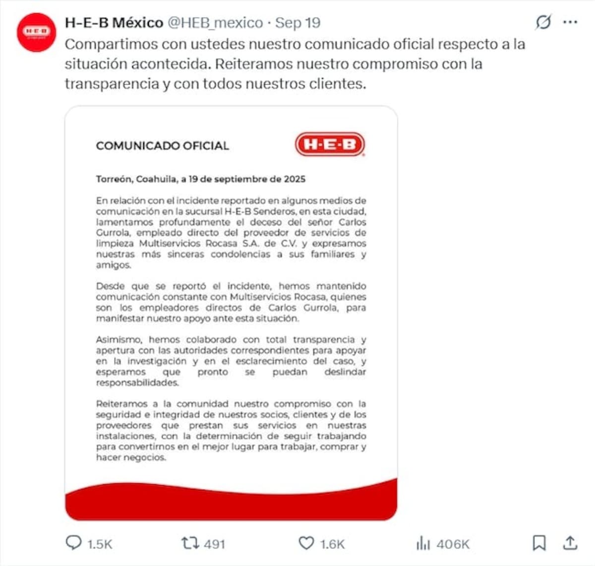 La empresa HEB aseguró su disposición para colaborar con la investigación correspondiente. | Captura de pantalla