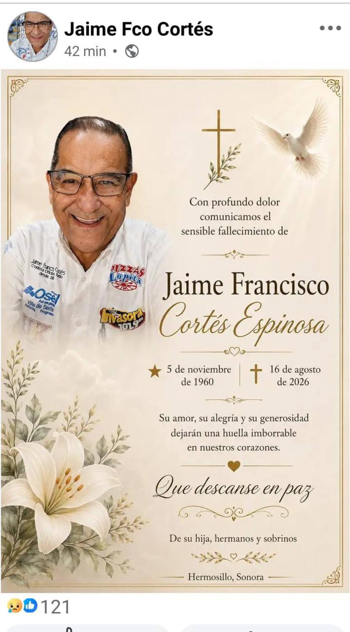Publicación en la cuenta personal de facebook del locutor, Jaime Francisco Cortés Espinosa.