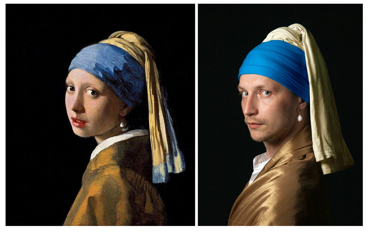 En esta combinación aparece una reproducción sin fecha de "Niña con un arete de perla" de Johannes Vermeer, izquierda, y la recreación del cuadro por Vitaly Fonarev para la página Izoizolyacia en Facebook, Haifa, Israel, 9 de abril de 2020. (Vitaly Fonarev via AP)