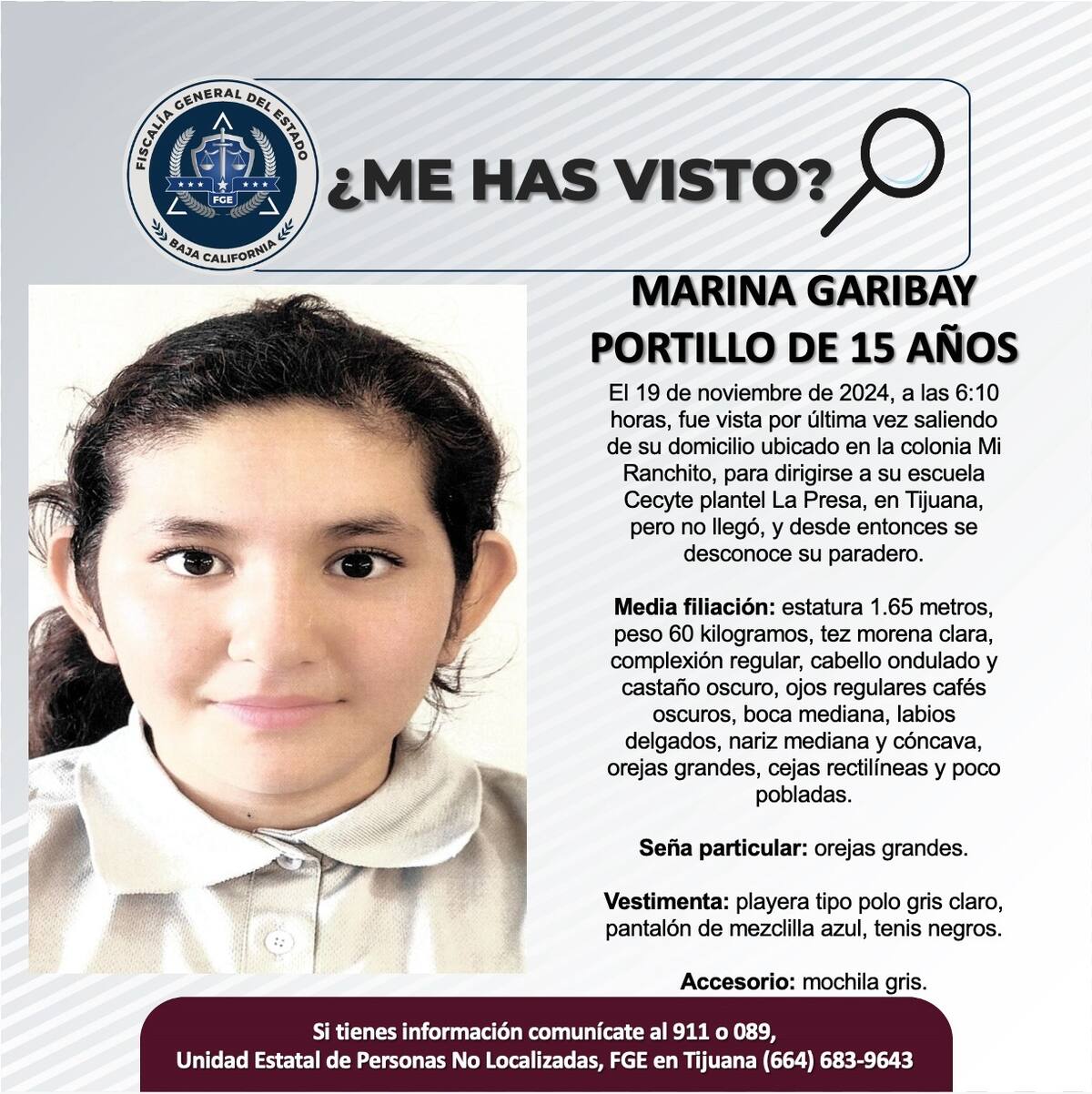Marina Garibay Portillo fue vista por última vez el 19 de noviembre de 2024.