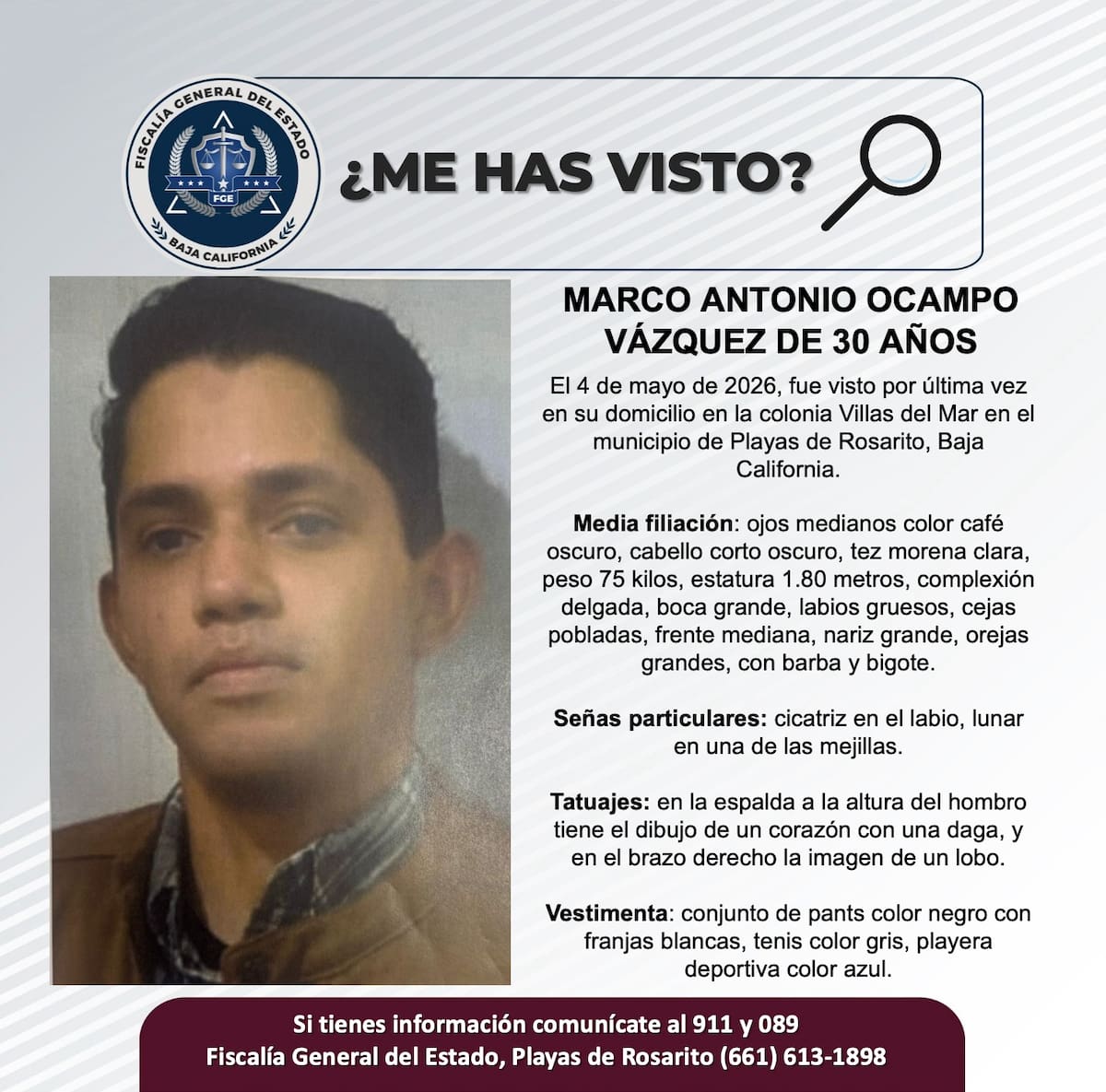 Fue visto por última vez el 4 de mayo de 2026.
