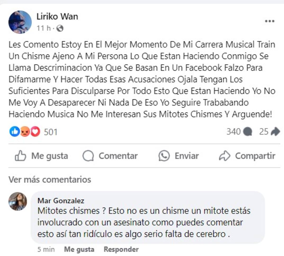 Liriko Wan respondió a Sergio "N" quien lo acusó de estar presuntamente implicado en el caso de Paola Andrea.
