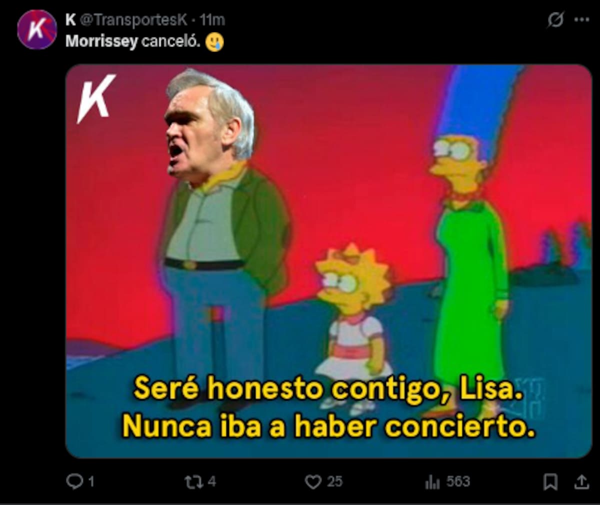 Morrissey cancela concierto en CDMX y los memes no se hacen esperar | Cuenta de X: @TransportesK