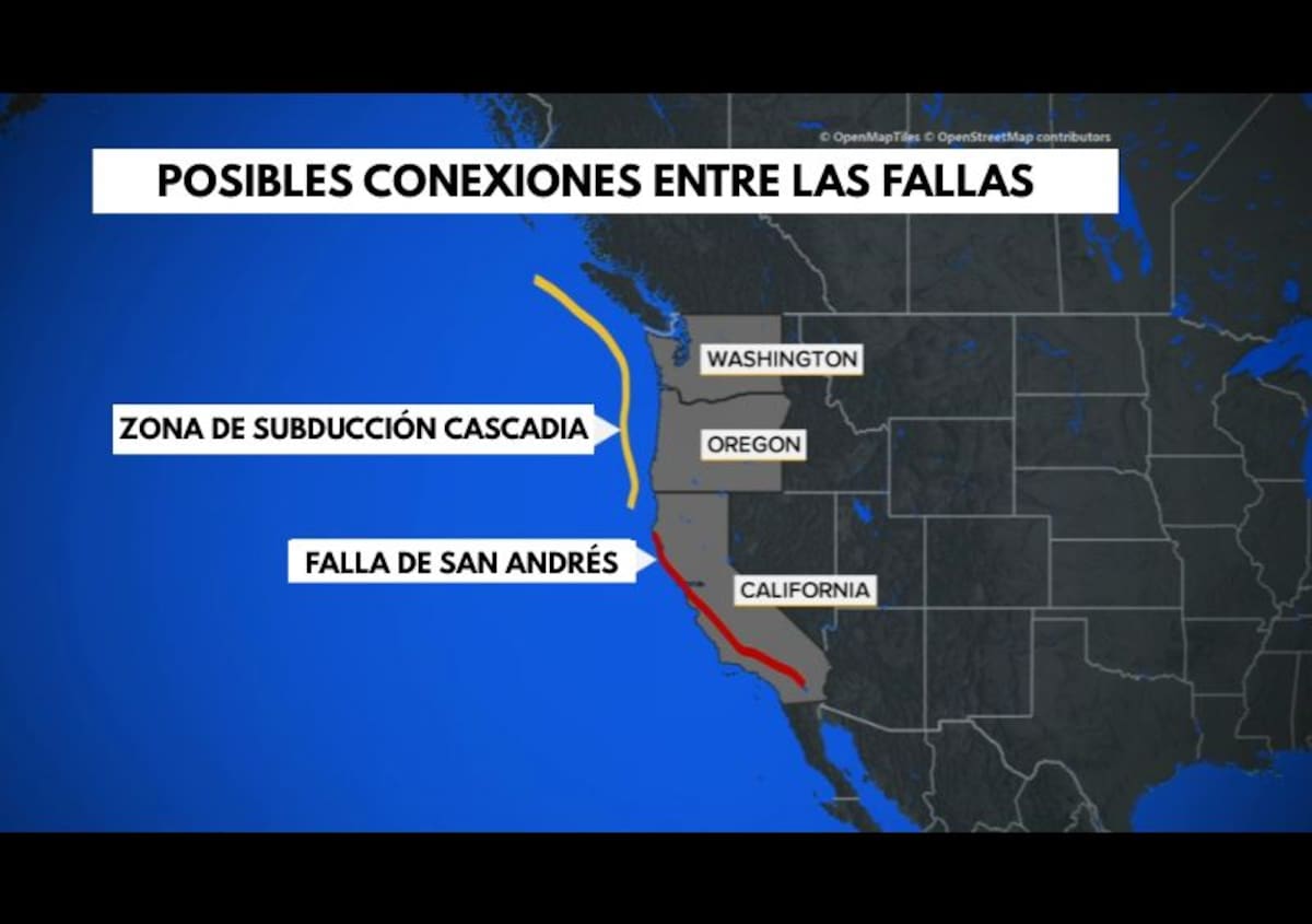 El mapa muestra la localización de las zonas, cuya actividad podría activar a la otra. Foto: ABC7 Los Angeles.