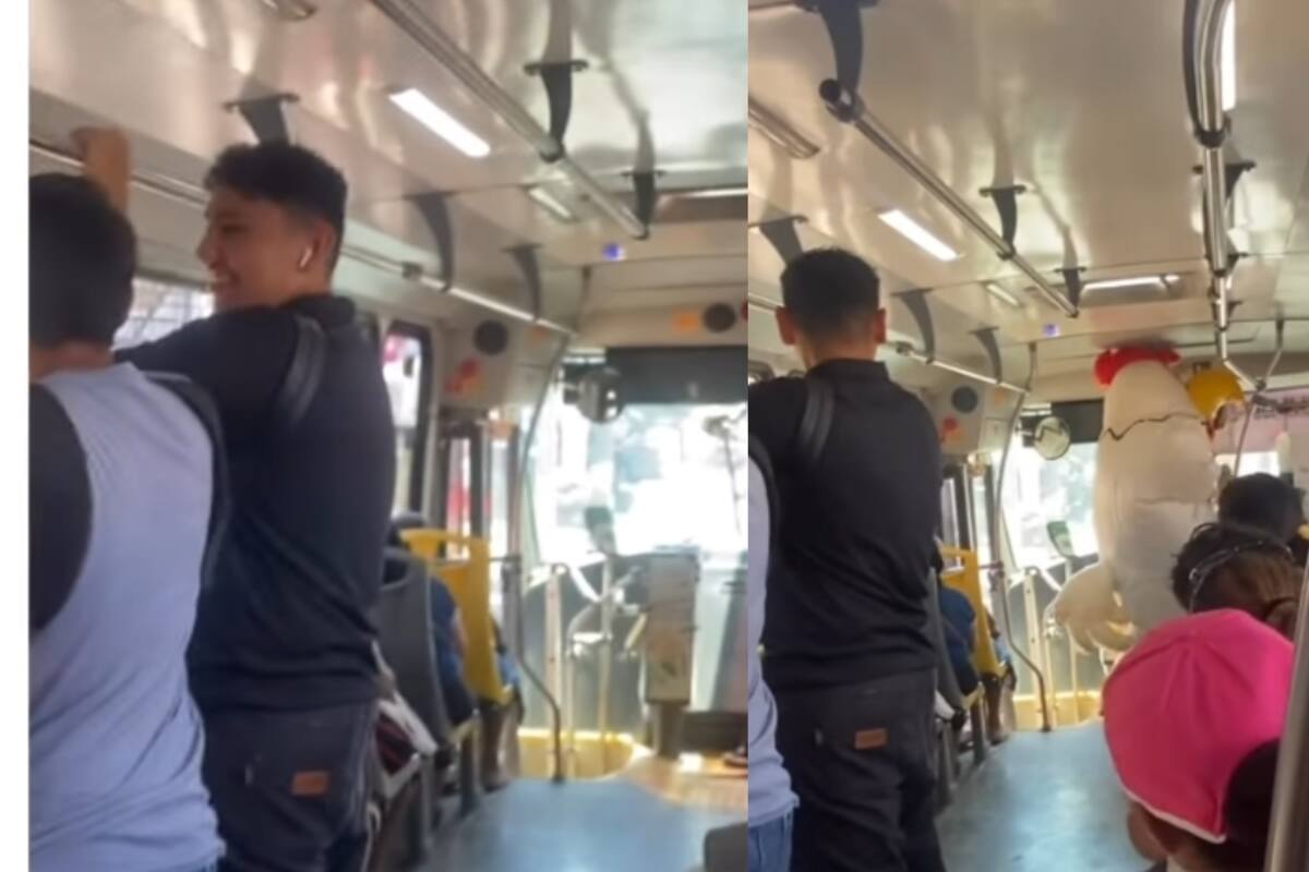 Botarga de gallo causa impresión al subirse al camión público así