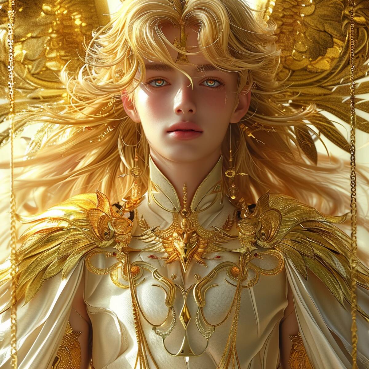 El Santo de oro de Virgo, Shaka, emerge con elegancia en su armadura dorada, una interpretación visual cautivadora de la inteligencia artificial.