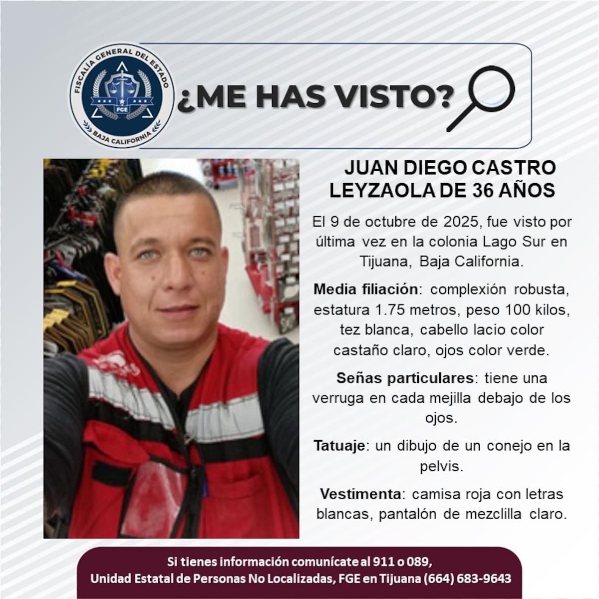 Fue visto por última vez el 9 de octubre de 2025.