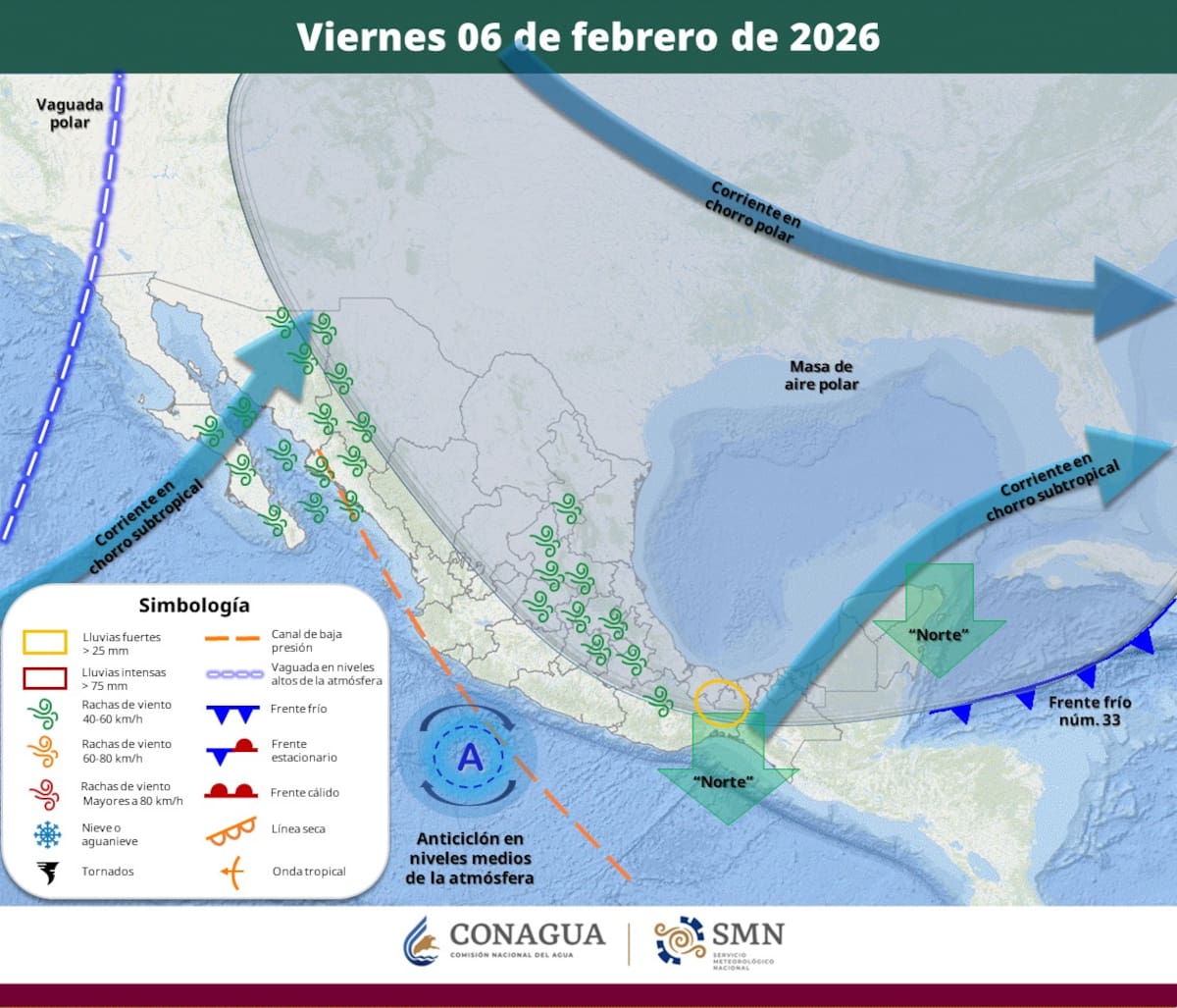 Pronóstico del clima para el viernes 6 de febrero del 2026. | Crédito: SMN