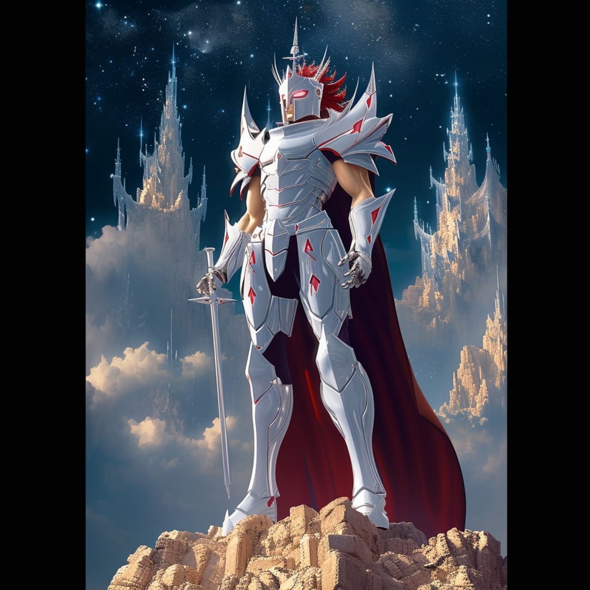 La recreación visual muestra a Babel de Centauro, Silver Saint, con una espada en mano, listo para el combate en el universo de los Caballeros del Zodiaco.