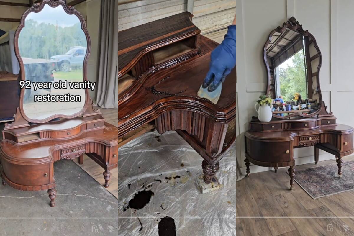 Mujer restaura un tocador de 92 años y el resultado sorprende a todos (VIDEOS)
