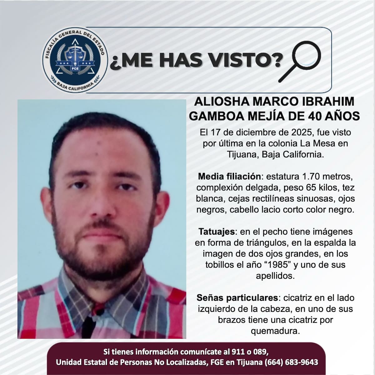 Fue visto por última vez el 17 de diciembre de 2025.