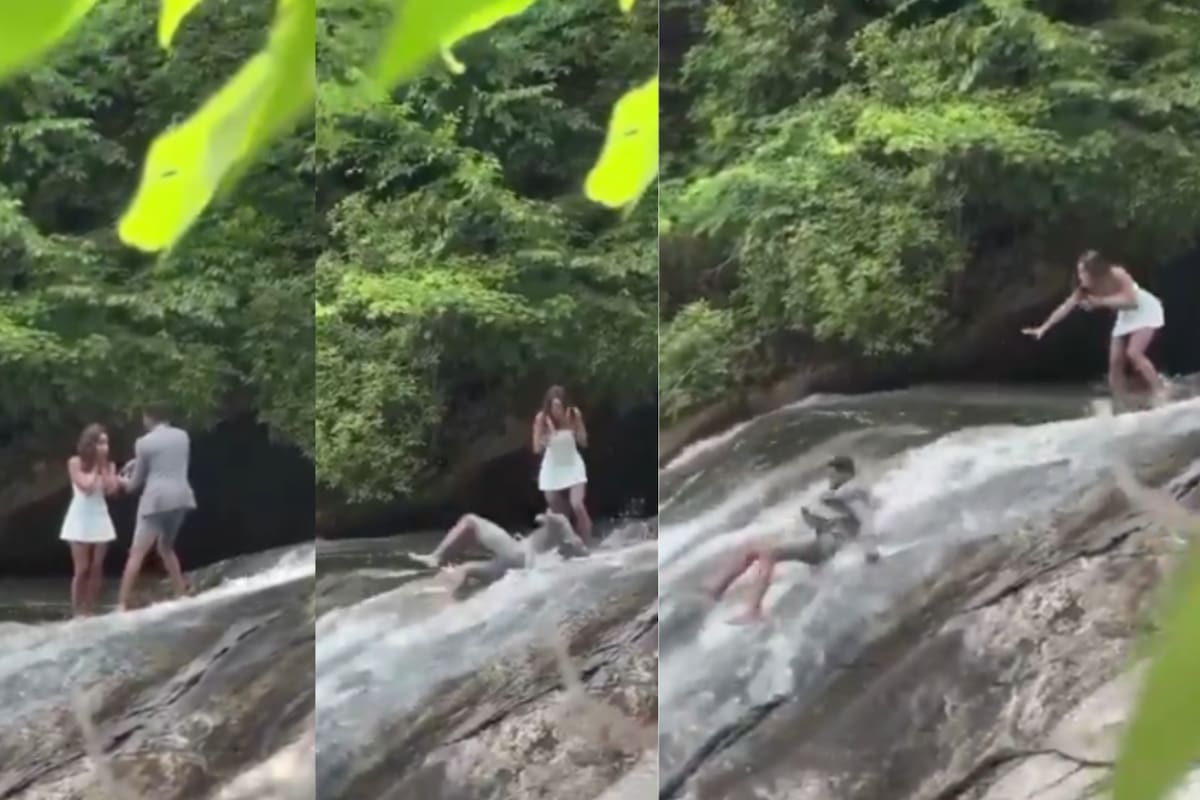 VIDEO: Se arrodilló para pedir matrimonio... y la cascada se lo llevó