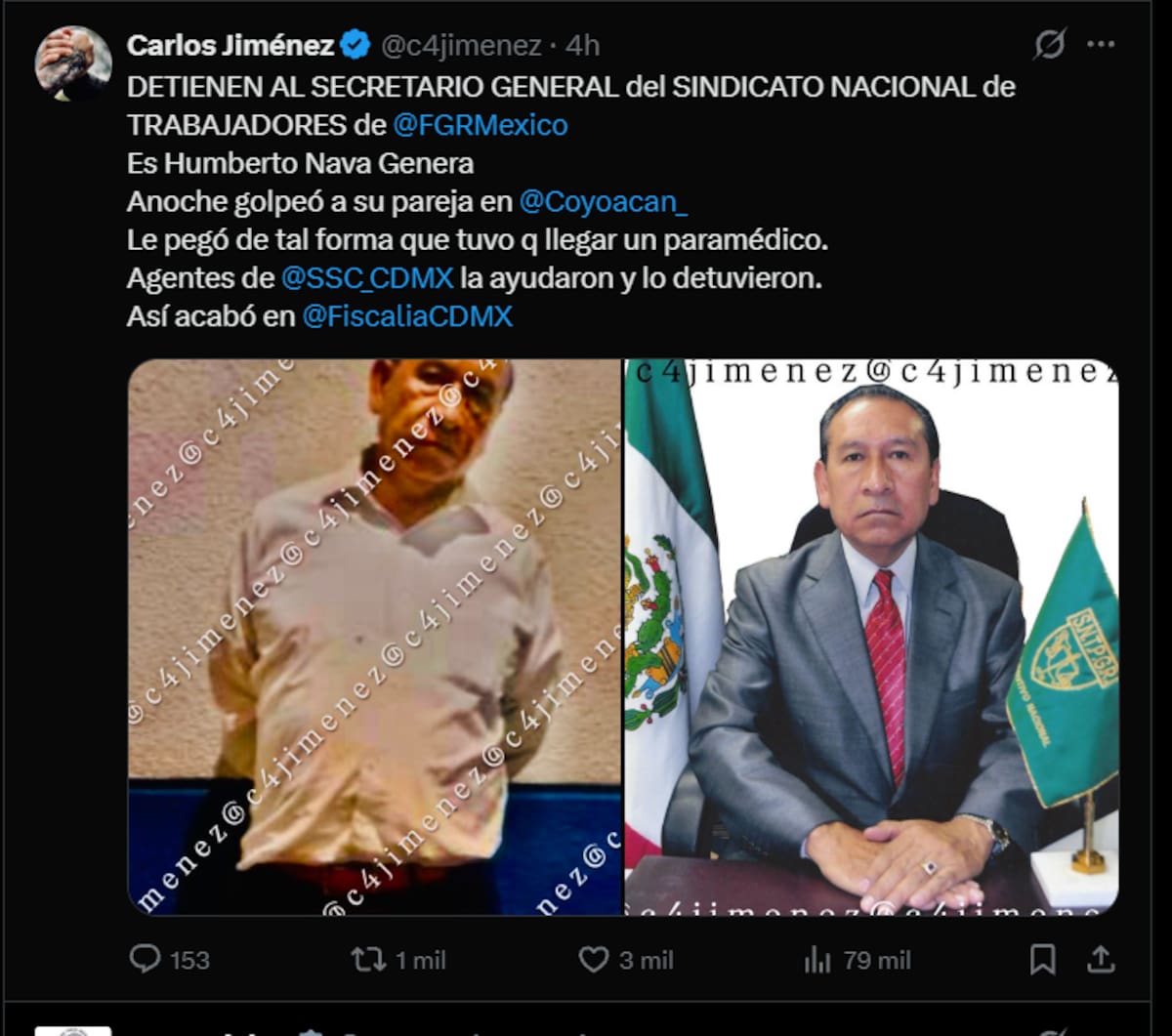 Arrestan a Humberto Nava Genera, secretario general del Sindicato Nacional de la Fiscalía General de la República, por agredir a su pareja.