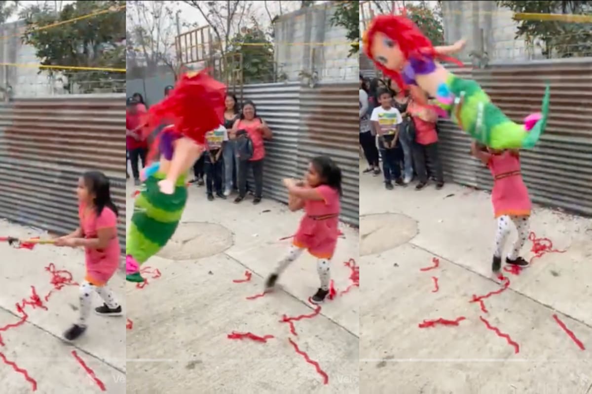 VÍDEO: ¿batalla épica? Niña es empujada por la piñata en su turno para golpearla con el palo