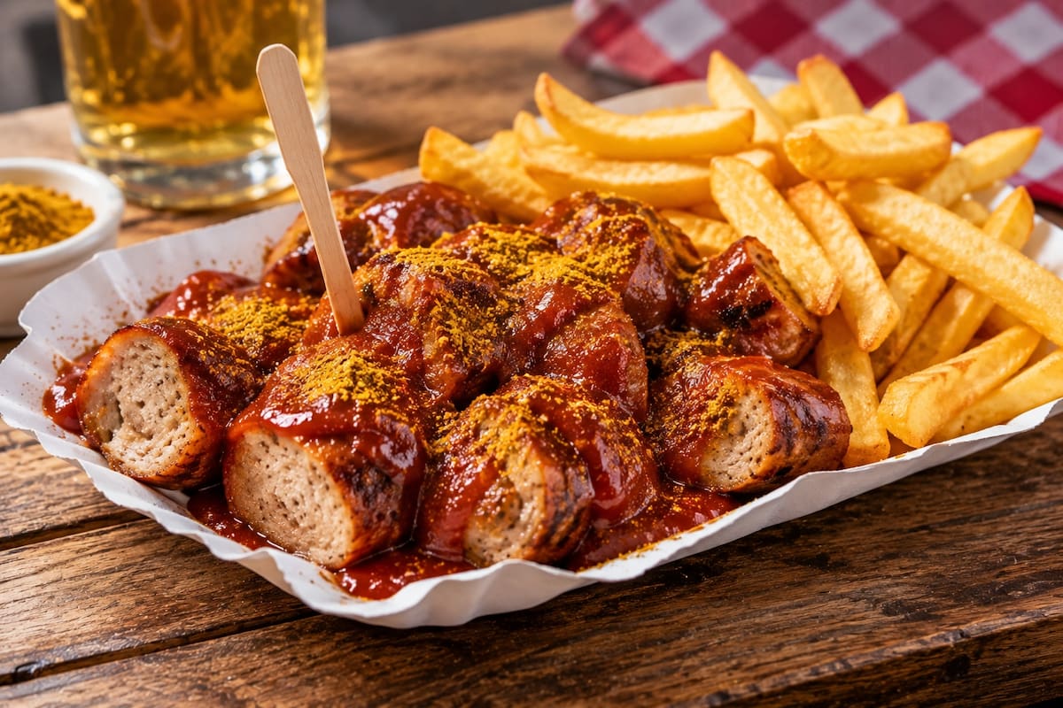 La currywurst es una preparación popular de la cocina callejera alemana que combina salchicha cortada en trozos con salsa de tomate especiada y curry, generalmente acompañada de papas fritas. | Crédito: Imagen hecha con IA de ChatGPT