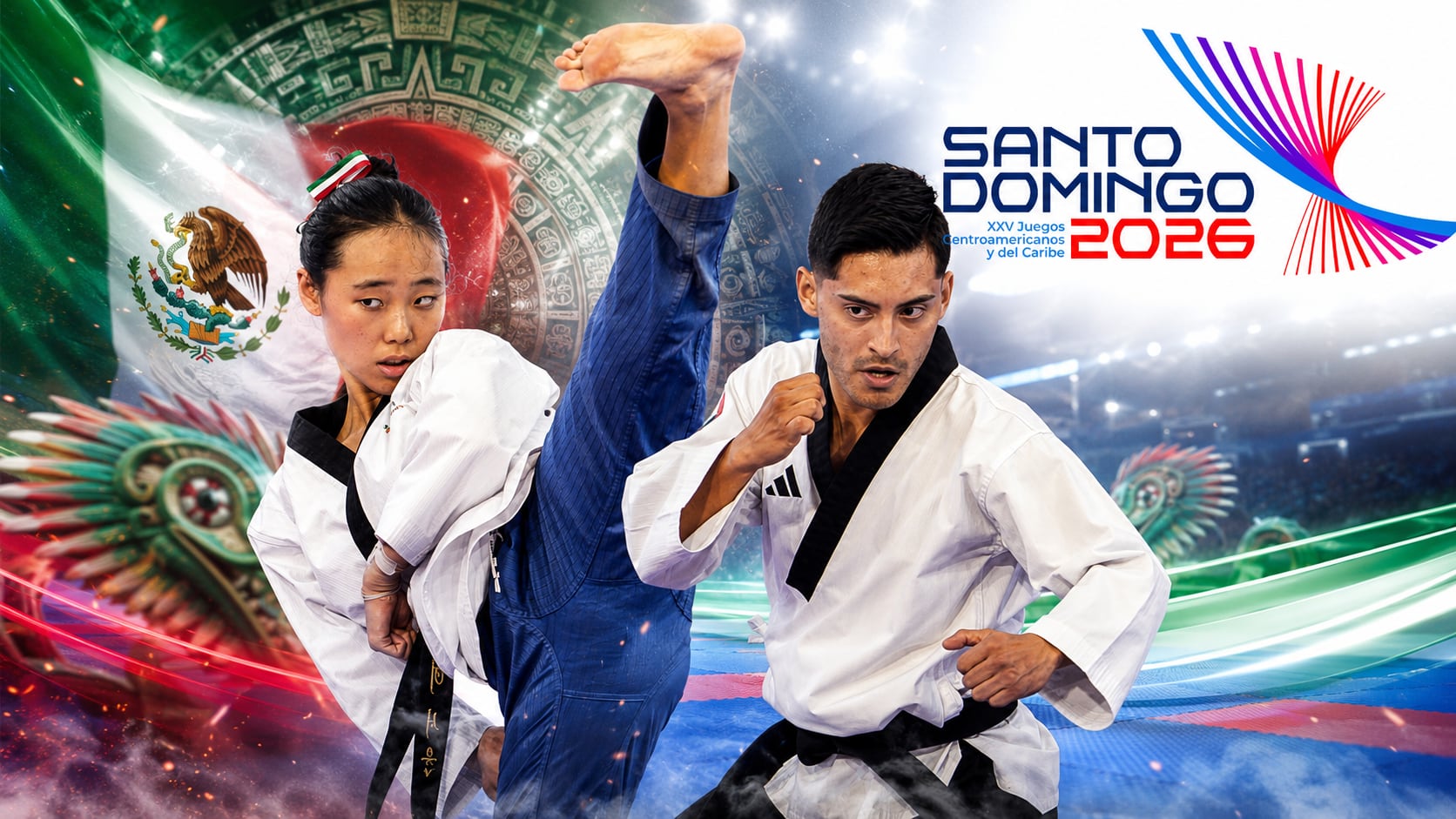 William Arroyo y Cecilia Lee conquistaron una nueva medalla de oro para México en los Juegos Centroamericanos y del Caribe Santo Domingo 2026, al terminar en la primera posición de la prueba de poomsae estilo libre mixto de taekwondo. (Foto: Especial GH)