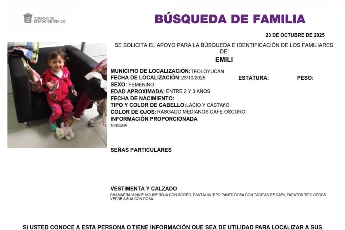 Abandonan a niña de 2 años en calles del Estado de México; buscan a sus familiares