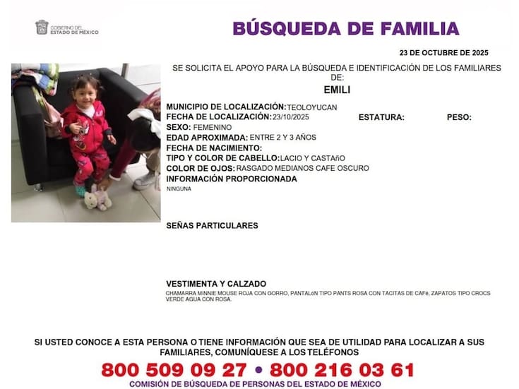 Abandonan a niña de 2 años en calles del Estado de México; buscan a sus familiares