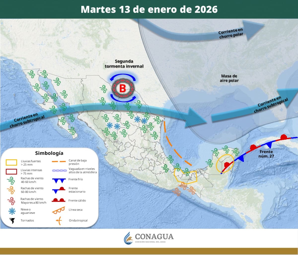 Pronóstico del clima para el martes 13 de enero del 2026. | Crédito: SMN